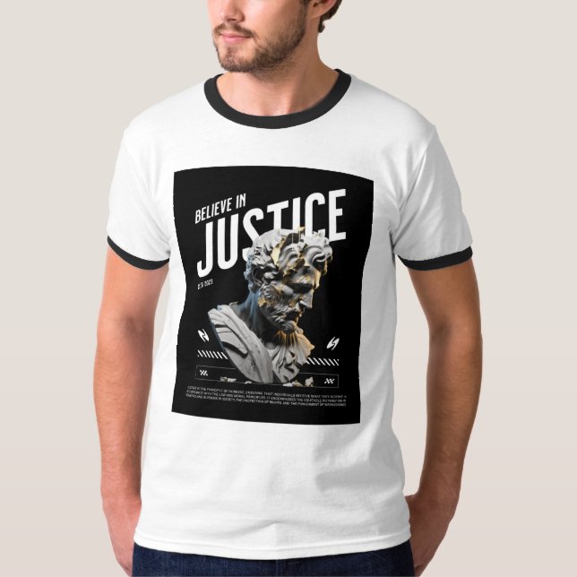 Camiseta "Believe in Justice" Modern Marble Statue T-Shirt  (Anverso)