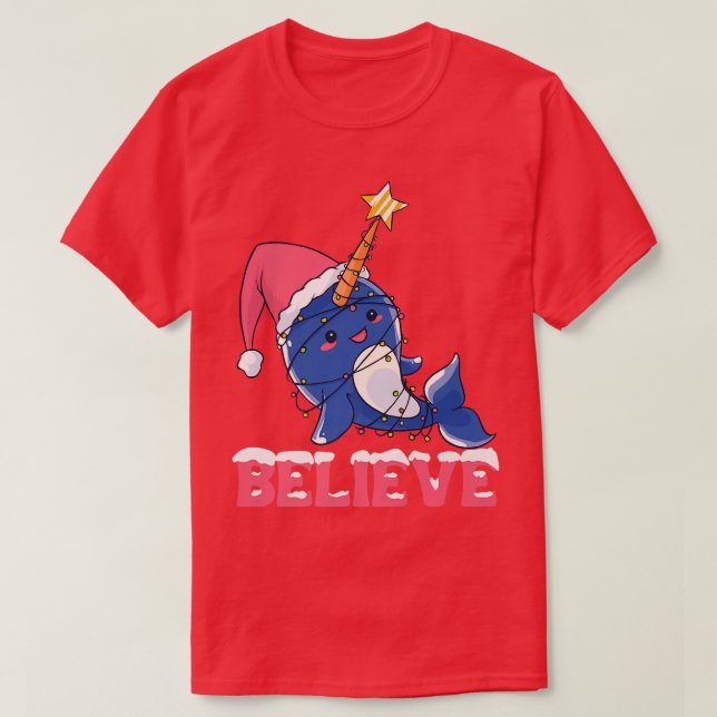 Camiseta Believe Narwhal Christmas Snow with Fairy Lights  (Diseño del anverso)