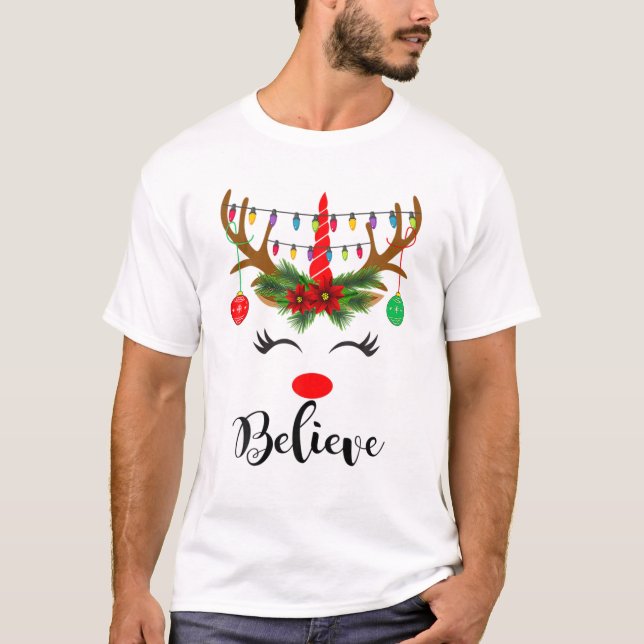 Camiseta Believe Rudolph The Reindeer Face Light Christmas (Anverso)