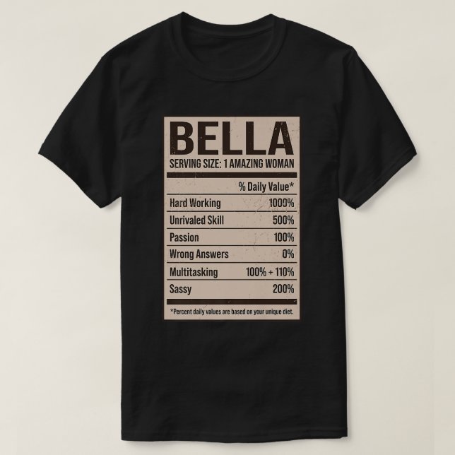 Camiseta Bella Nutrition Facts Name Nickname Alias Title Fr (Diseño del anverso)