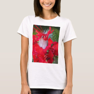 Camiseta Belleza Delicada: Flor roja con pluma blanca