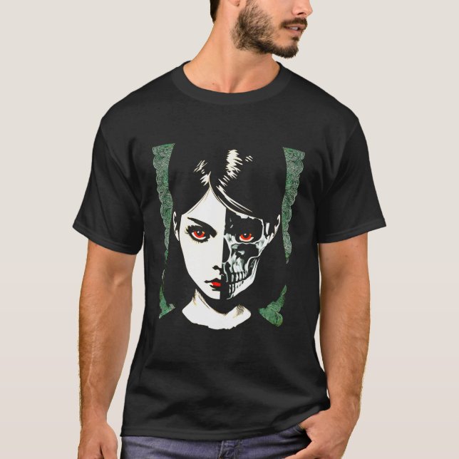Camiseta Belleza gótica media cara mitad Punk de cráneo obt (Anverso)
