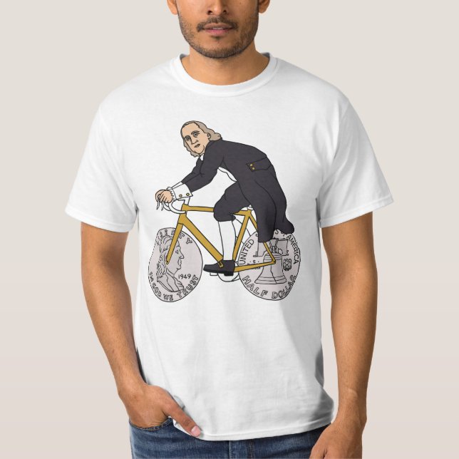 Camiseta Ben Franklin en una bici con las ruedas del medio (Anverso)