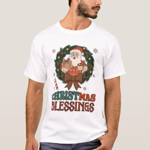 Camiseta Bendiciones de Navidad Santa Claus Corona Lazo Esc