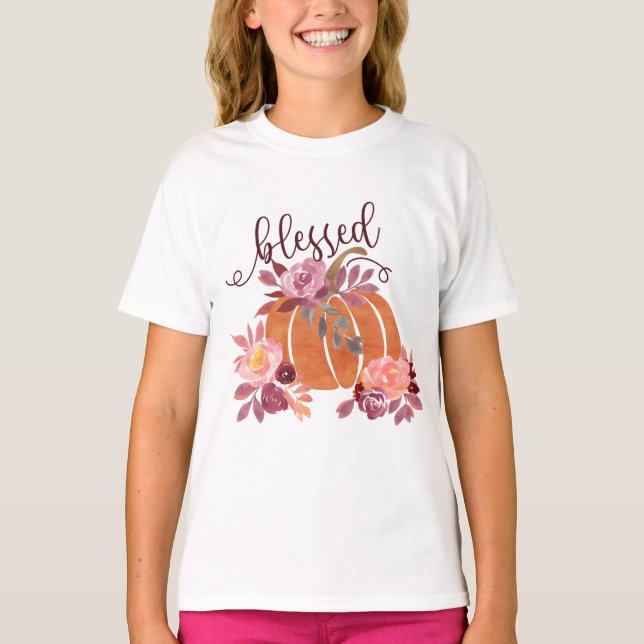 Camiseta Bendita - Calabaza de otoño con flores rosas (Anverso)
