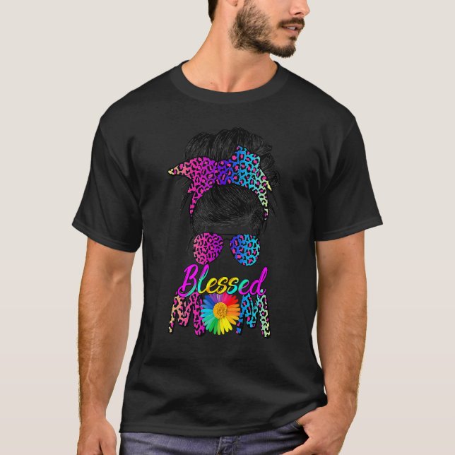Camiseta Bendita Mamá Messy Bun Leopard Sunflower Mamá Vida (Anverso)