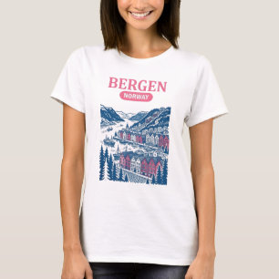 Camiseta Bergen Noruega Lindo Arte de Ciudad con Cielo Past