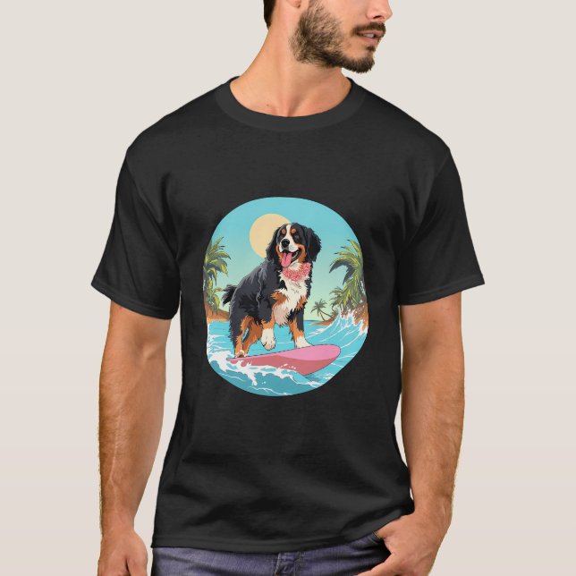 Camiseta Bernese Mountain Dog Surfing Funny Beach (Anverso)