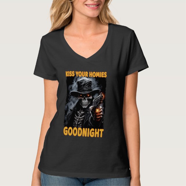 Camiseta Besa a tus hogares Buenas noches Cringe Skeleton (Anverso)