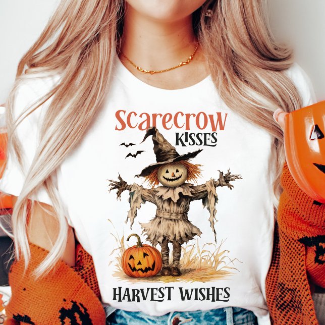 Camiseta Besos de espantapájaros y deseos de cosecha en oto (Scarecrow Kisses and Harvest Wishes Retro Vintage Autumn T-Shirt)