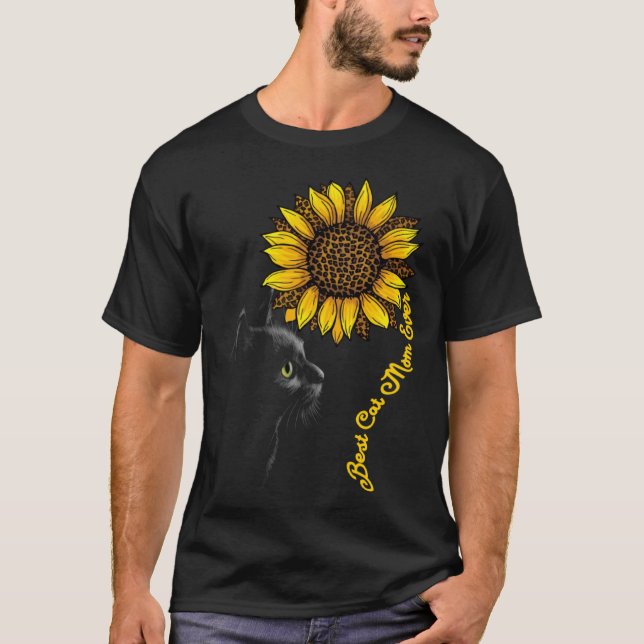 Camiseta Best Cat Mom Ever Sunflower Leopard  Black Cat Mot (Anverso)