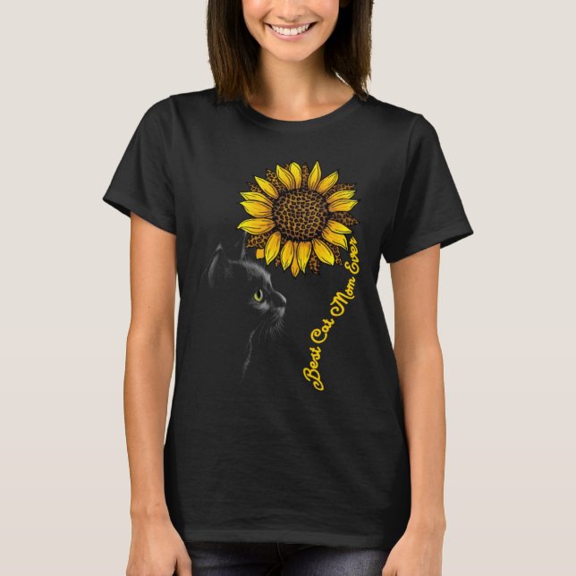 Camiseta Best Cat Mom Ever Sunflower Leopard  Black Cat Mot (Anverso)
