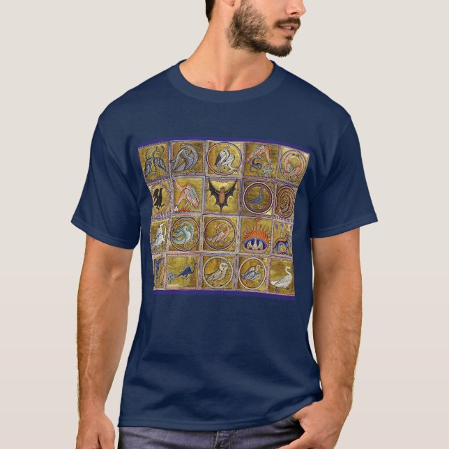 CAMISETA BESTIARIO MEDIEVAL, ANIMALES FANTÁSTICOS, AZUL ROJ (Anverso)
