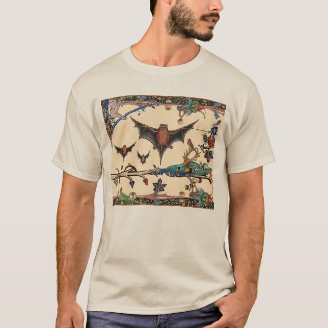 CAMISETA BESTIARIO MEDIEVAL EXTRAÑO, BATES DE VOLACIÓN ANIM (Anverso)