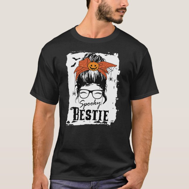 Camiseta Bestie bff Halloween Spooky Spider Messy Bun Hair  (Anverso)