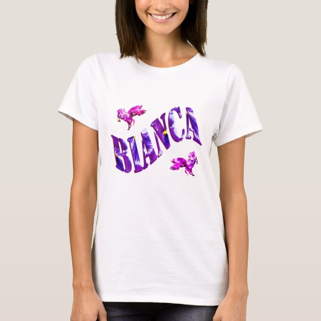 Camiseta Bianca, Nombre De Chicas Hecho Con Pansies, (Anverso)