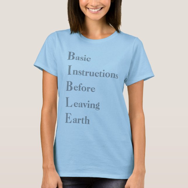 Camiseta BIBLIA, básica, instrucciones, antes, yéndose, (Anverso)