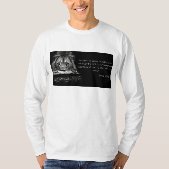 Camiseta Biblia Verse Scripting 1 Peter 5:8 Hombres Larga M (Anverso)