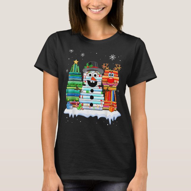 Camiseta Biblioteca de libros de renos de Snowman, árbol de (Anverso)