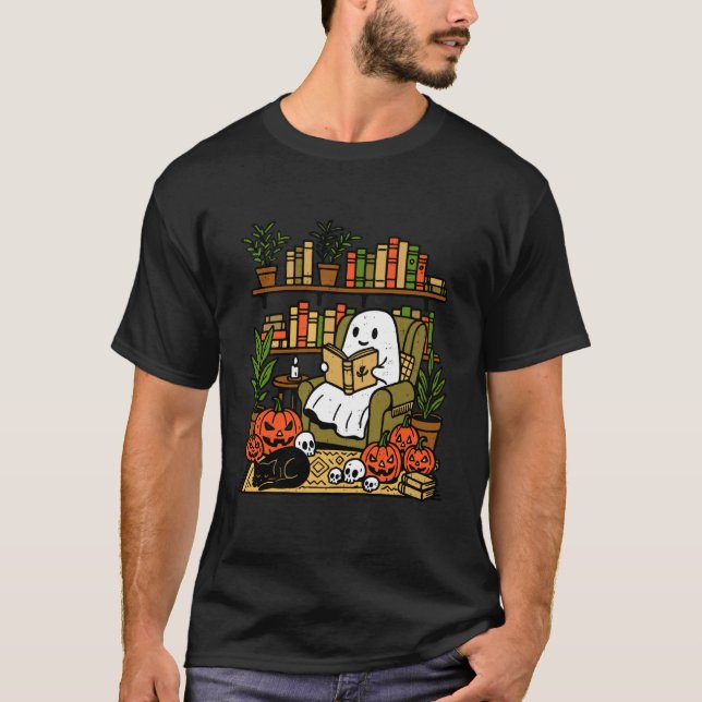 Camiseta Biblioteca Fantasma Leyendo Libros Halloween Bibli (Anverso)