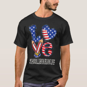Camiseta Bibliotecario Escolar Amor Usa Bandera Fuegos Grac