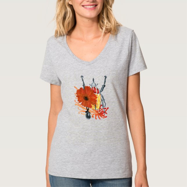 Camiseta Bicho rojo y amarillo con flores (Anverso)