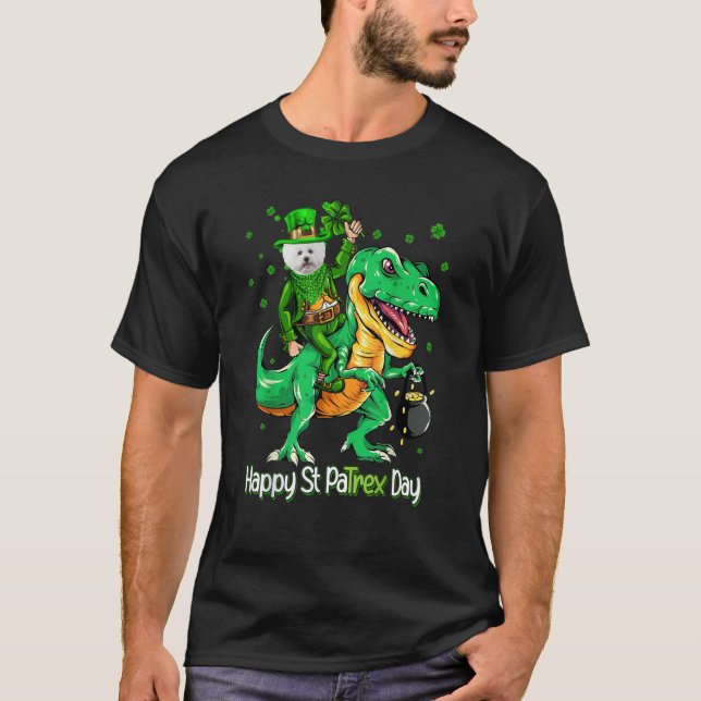 Camiseta Bichon Frise Riding Dinosaur Patricks Day Shamrock (Anverso)