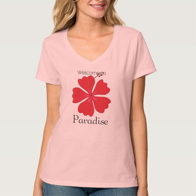 Camiseta Bienvenidos Al Paraíso Con Hibiscus Tropical (Anverso)