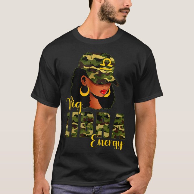 Camiseta Big Libra Energy Camouflage Black Woman Cap Zodiac (Anverso)