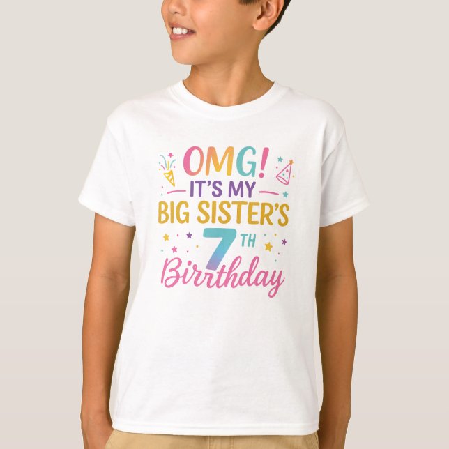 Camiseta Big Sister 7th Birthday Cute Rainbow  Fun 7 Year  (Anverso)