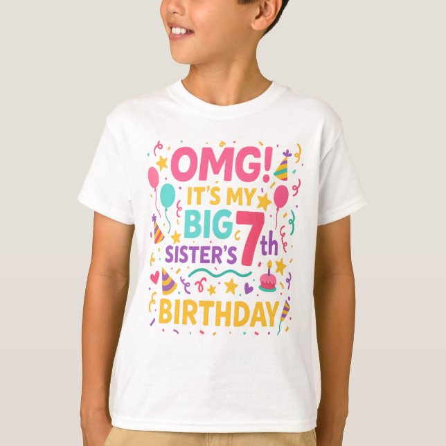 Camiseta Big Sister 7th Birthday Cute Rainbow Fun 7 Year  (Anverso)