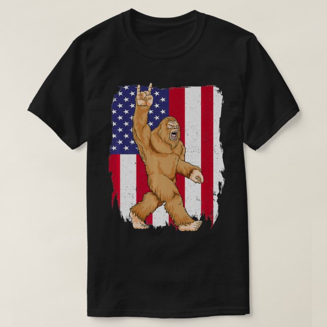 Camiseta Bigfoot Rock and Roll USA American Flag Sasquatch  (Diseño del anverso)