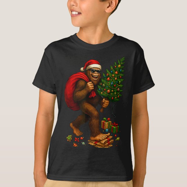 Camiseta Bigfoot Santa Christmas Tree Lights Xmas Boys Men  (Anverso)