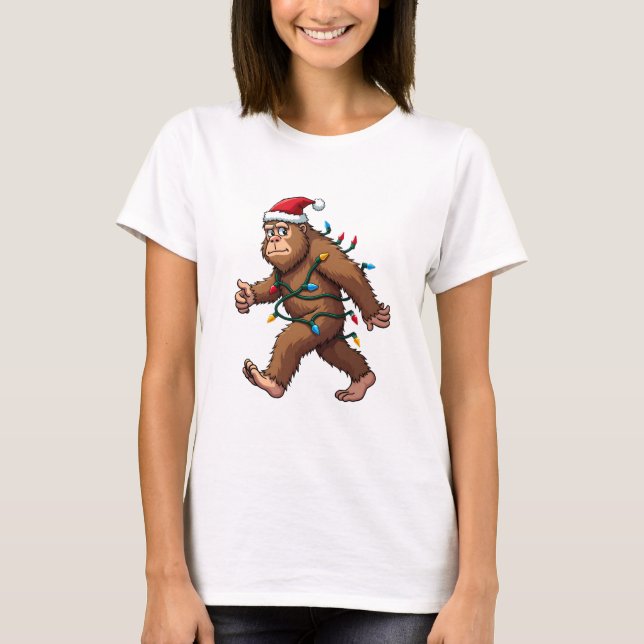 Camiseta Bigfoot Santa Christmas Tree Lights Xmas Boys Men  (Anverso)
