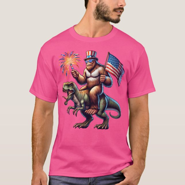 Camiseta Bigfoot Sasquatch Riding Dinosaur T Rex. Gracioso  (Anverso)