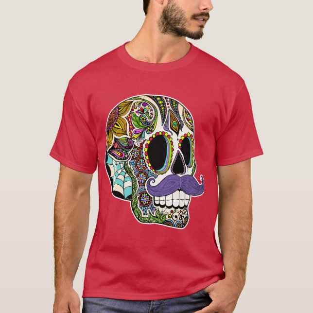 Camiseta Bigote Calavera Azúcar Versión Color (Anverso)