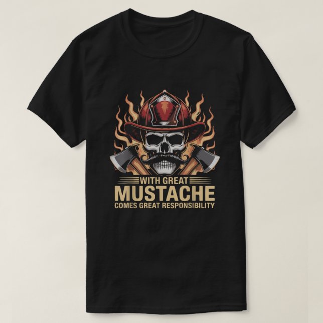 Camiseta Bigote de Bombero Calavera Héroe Llama Hachas Prim (Diseño del anverso)