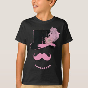 Camiseta Bigote, sombrero de copa, plumas, y flor rosados