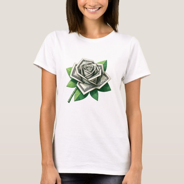 Camiseta billetes de cien dólares arte de origami rosa (Anverso)