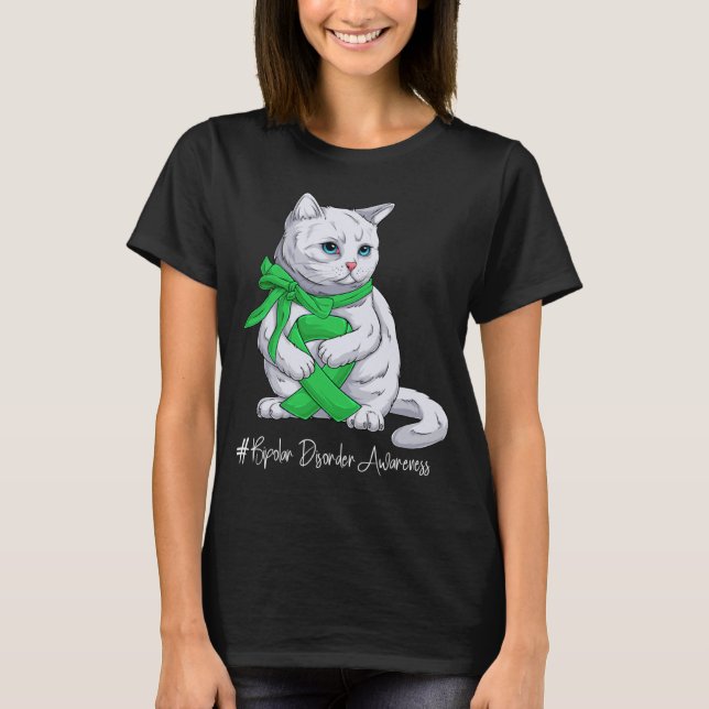 Camiseta Bipolar Disorder Awareness Month Green Ribbon Cat (Anverso)