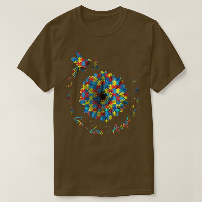 Camiseta Bird Flower Ribbon Puzzle Live Love Acepta Autismo (Diseño del anverso)