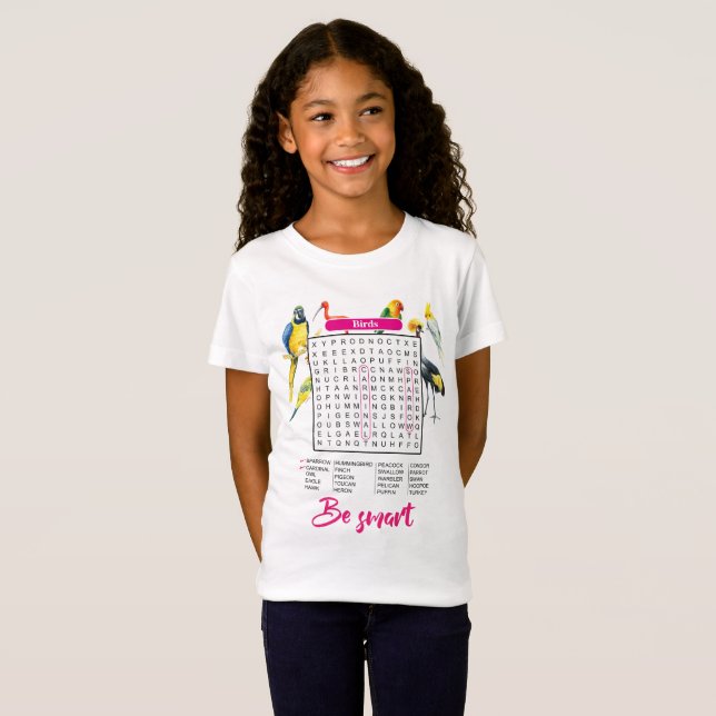 Camiseta "Birds Word Search for Girls" "Fun & Smart " (Anverso completo)