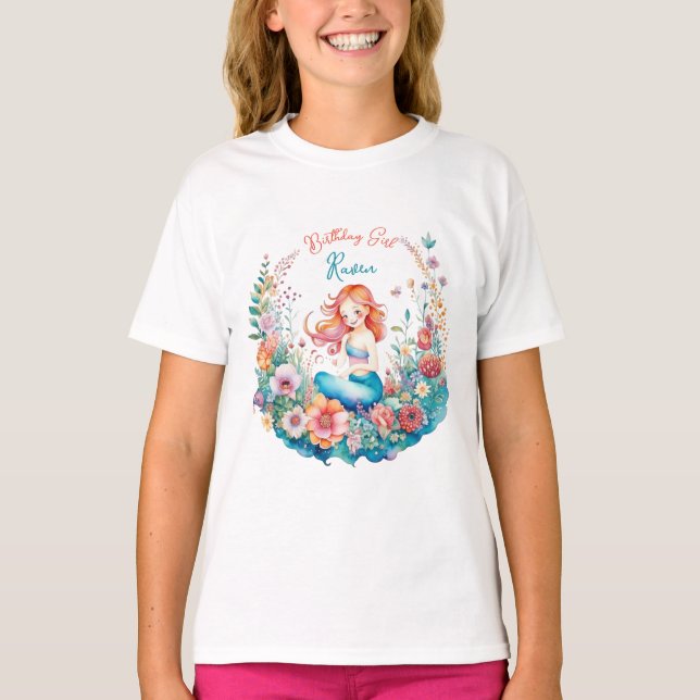 Camiseta Birthday Birthday Chica Floral Temática de Sirena (Anverso)