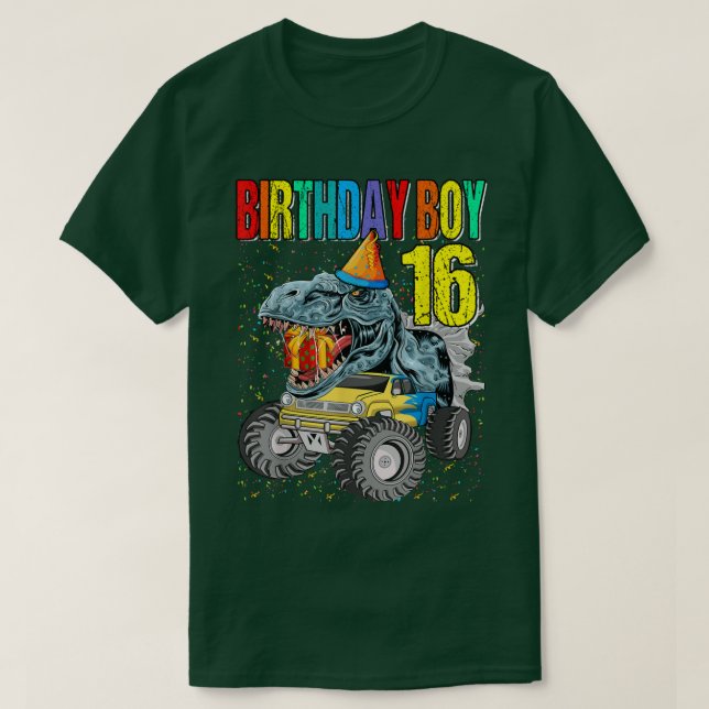 Camiseta Birthday Boy 16 Monster Truck Dinosaur 16th Birthd (Diseño del anverso)