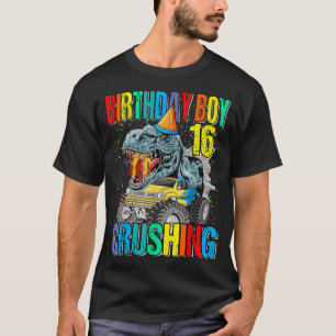 Camiseta Birthday Boy Crushing 16 Monster Truck Dinosaur 