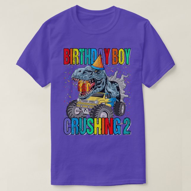Camiseta Birthday Boy Crushing 2 Monster Truck Dinosaur  (Diseño del anverso)