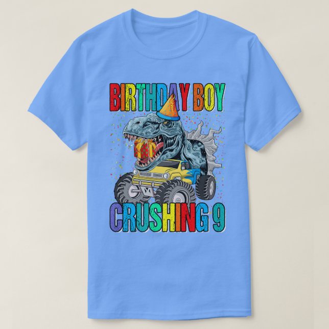 Camiseta Birthday Boy Crushing 9 Monster Truck Dinosaur  (Diseño del anverso)