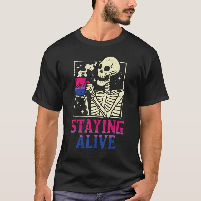 Camiseta Bisexual Skeleton Staying Alive Bi Pride Flag Lgbt (Anverso)