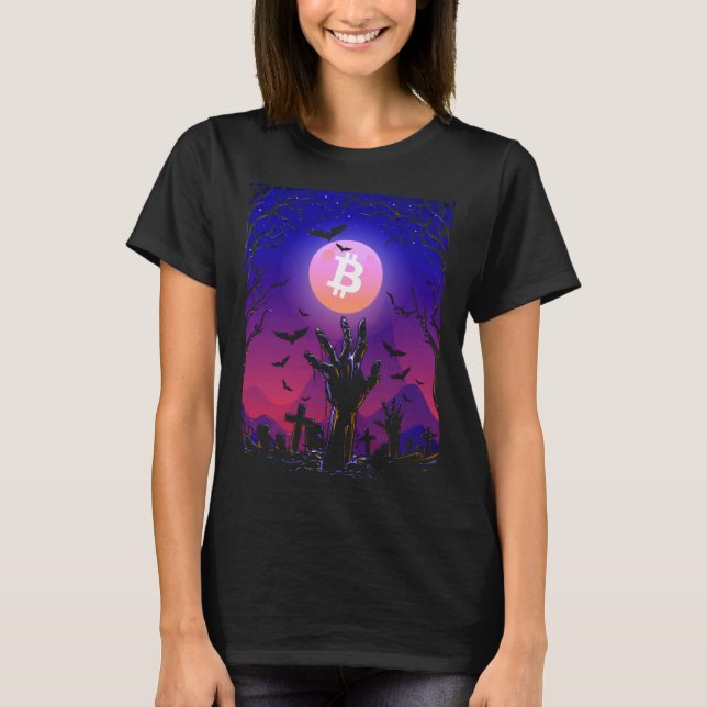 Camiseta Bitcoin Moon Tombstone Graveyard Creepy Halloween (Anverso)