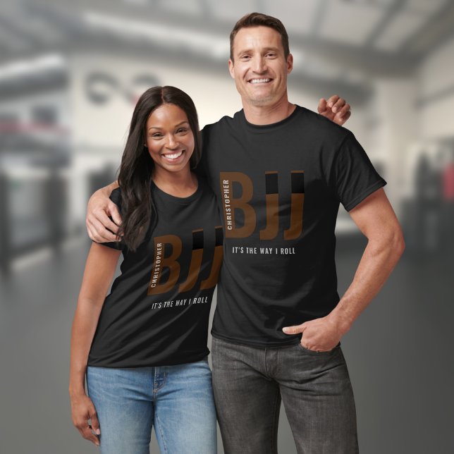 Camiseta BJJ Brasileño Jiu Jitsu Añadir nombre cinturón mar (Black Jiu Jitsu BJJ Tshirt with BJJ in Brown.)